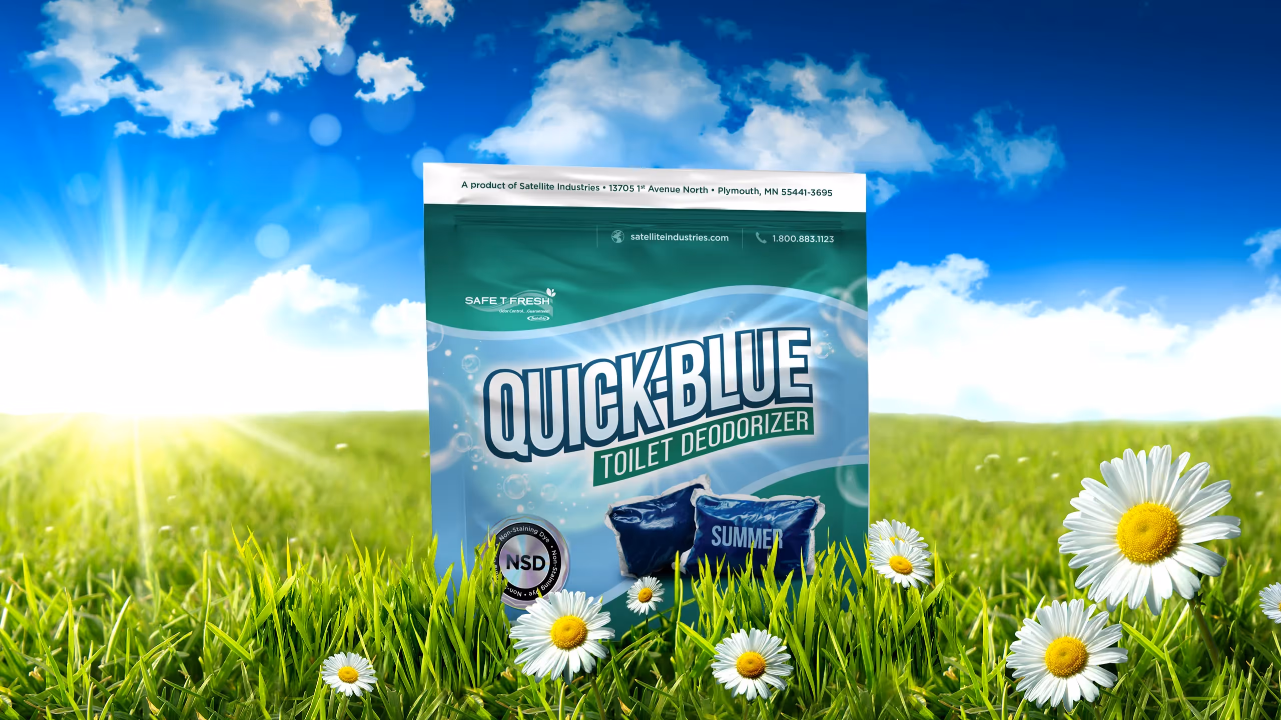 Quick Blue toilet deodorizer packaging in a sunny grassy field with daisies and blue sky.