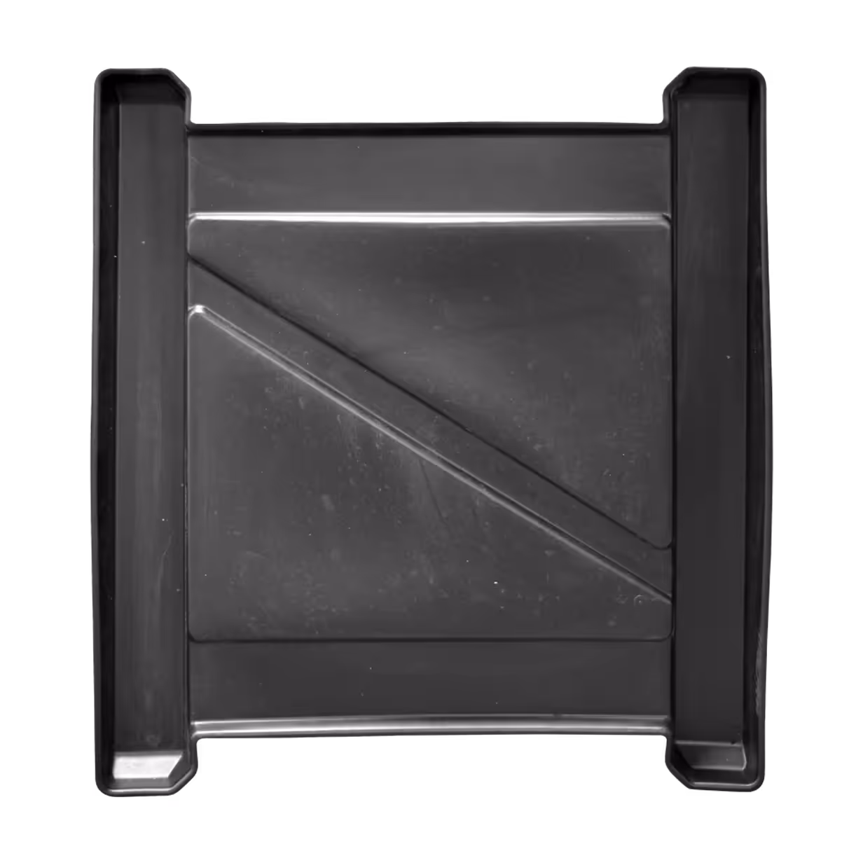 Black Pioneer Containment Tray with a diagonal divider and raised edges.