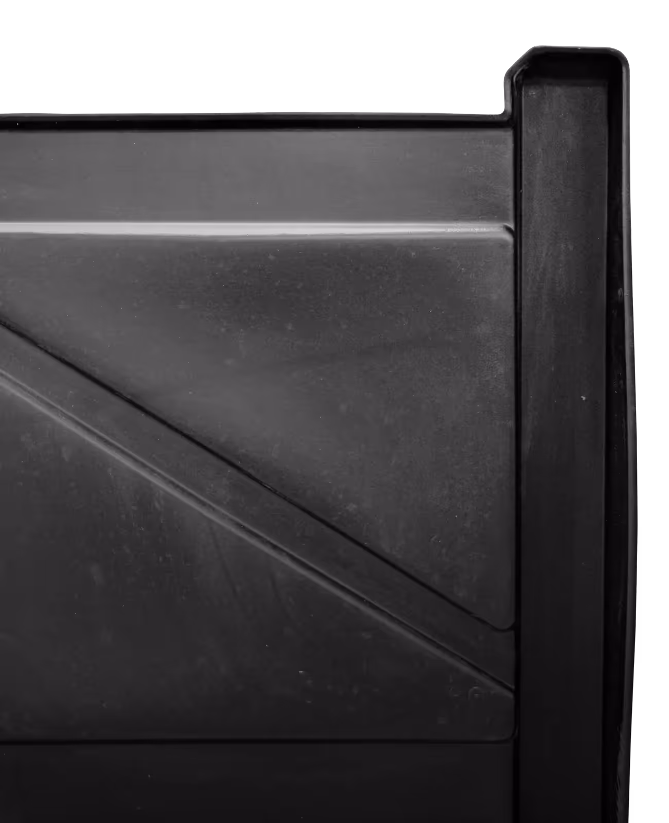 Black restroom containment tray with a sleek design and angled edges on a dark background.