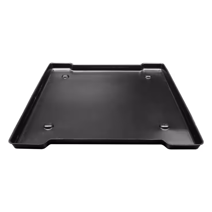 Clear, rectangular restroom containment tray with raised edges and four corner supports.