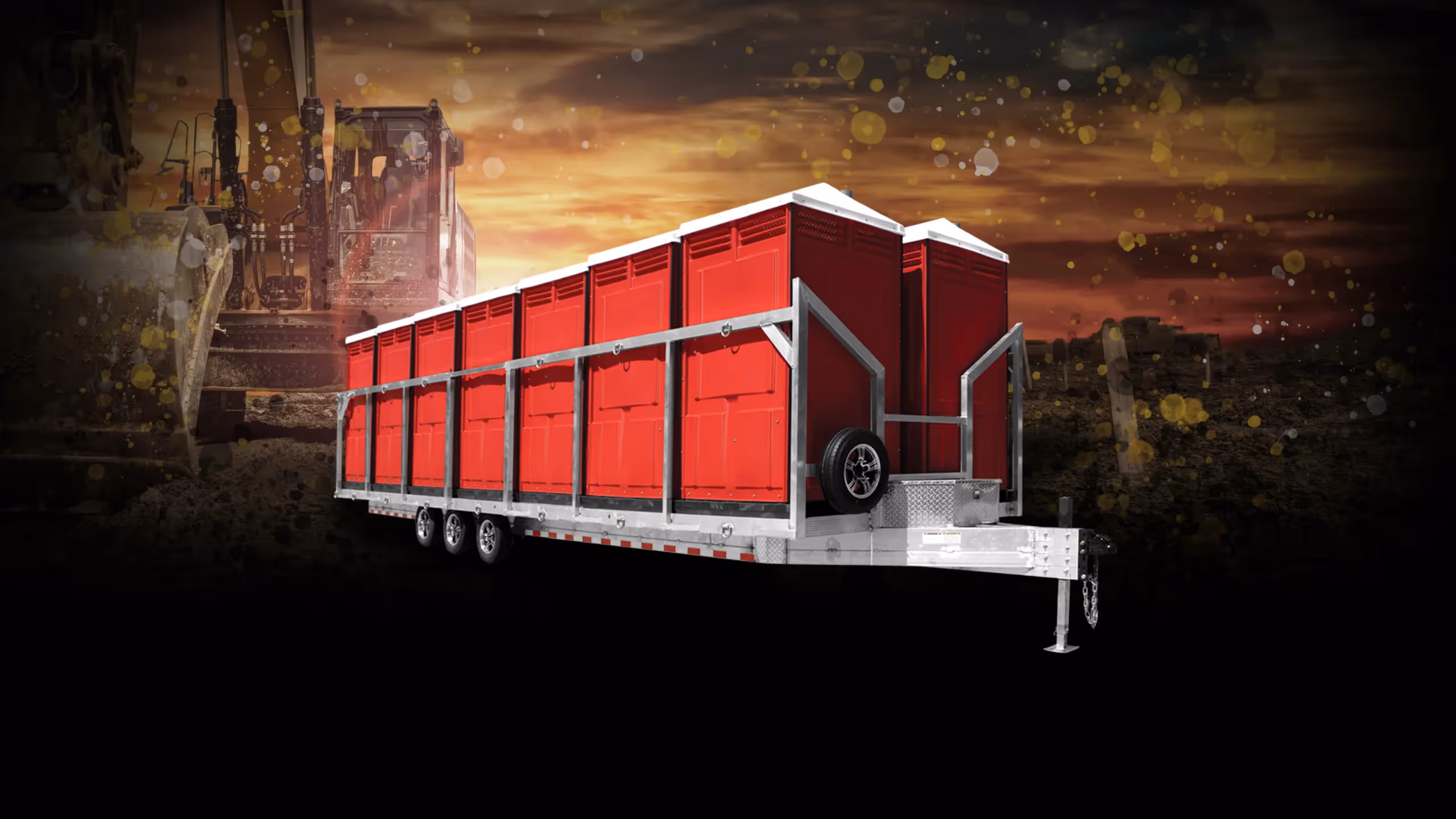 A red trailer with multiple compartments against a construction-themed background.