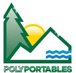 Logo with green tree, sun behind a triangular roof, blue waves, and the text Poly Portables below.