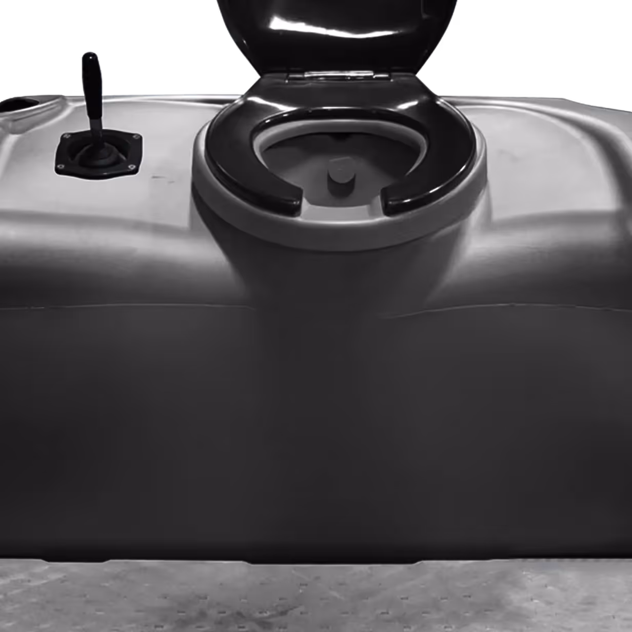 Black and gray portable toilet with an open seat and a black lever on the left side.