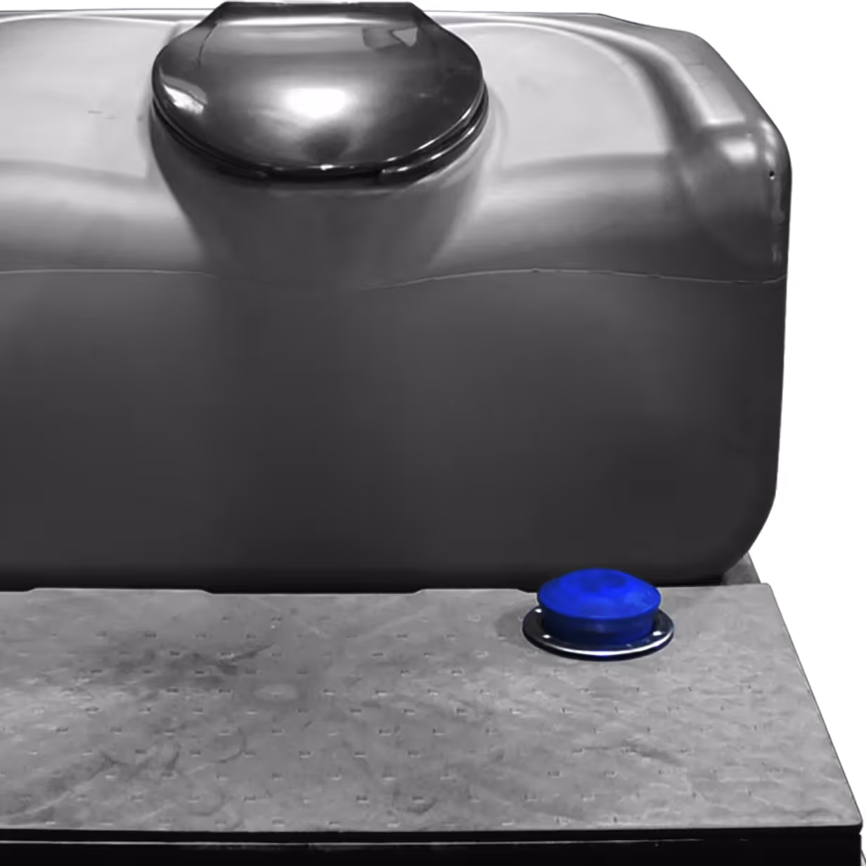 Metallic industrial container with a prominent blue button on a textured platform.
