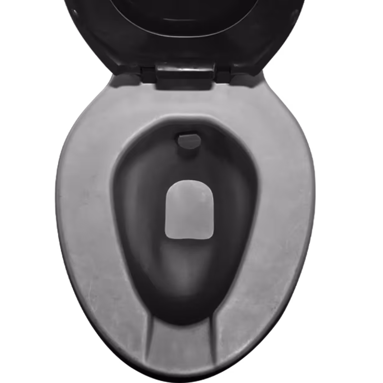 Top view of a black toilet bowl with the seat and lid up.