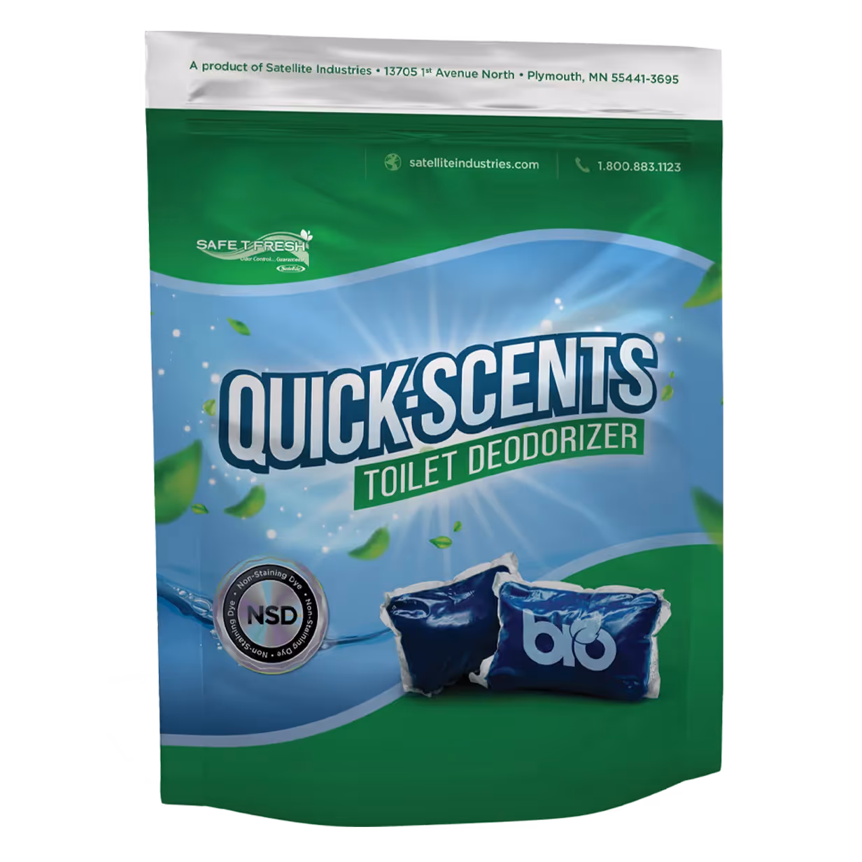 Green and blue Quick-Scents toilet deodorizer package with two blue deodorizer pouches shown.