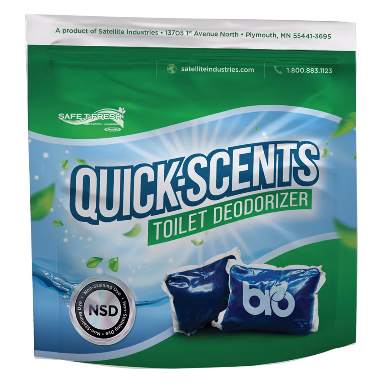 Green and blue packaging for Quick-Scents toilet deodorizer, featuring two blue pouches.