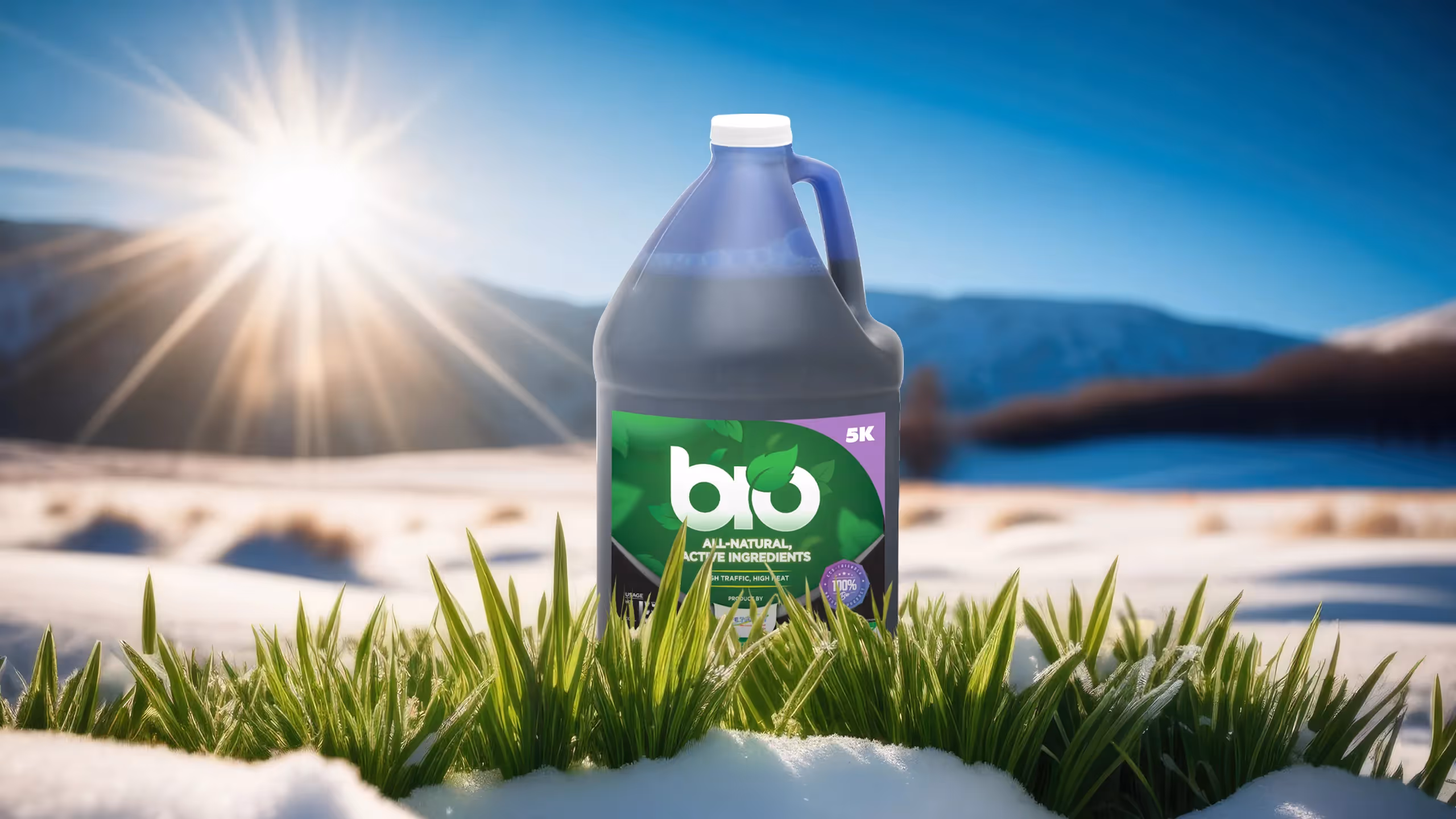 A large Bio 5K deodorizer bottle on snow-covered grass with sun and mountains in the background.