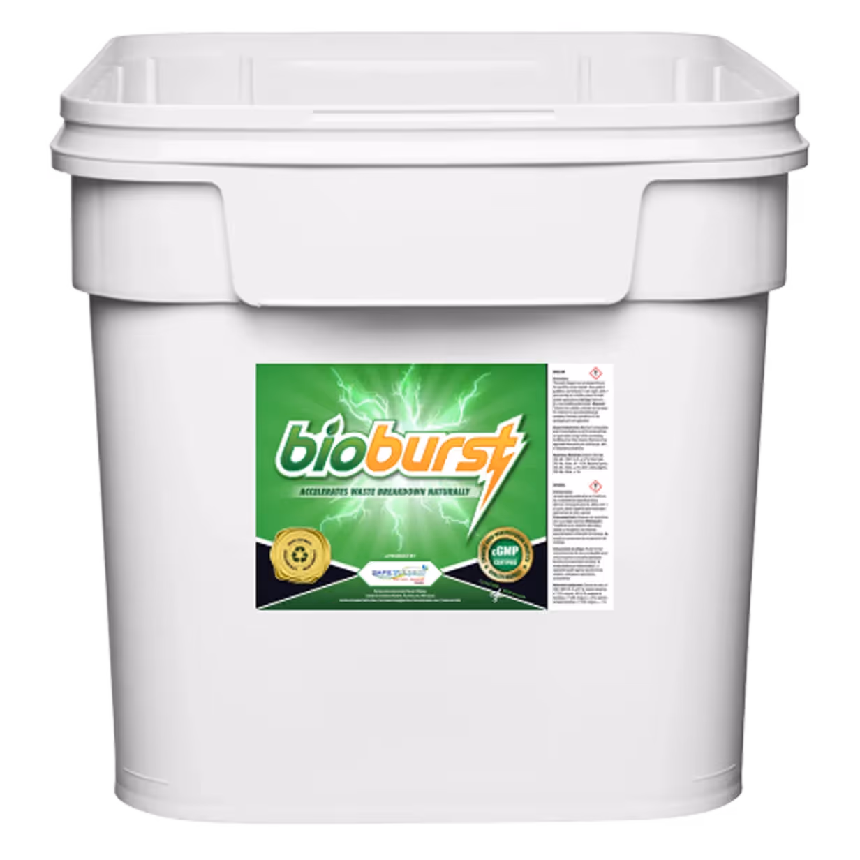 A white bucket labeled 'BioBurst' featuring a green and yellow logo and informational text.