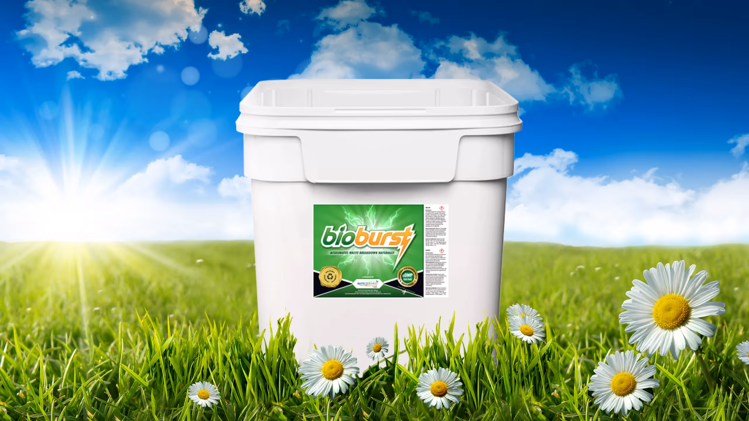 White container labeled "BioBurst" on grass with daisies under a bright blue sky.
