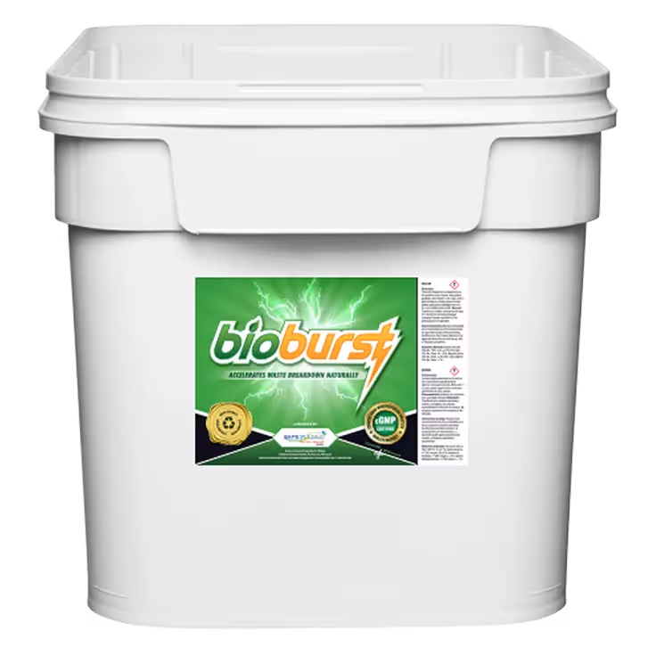 White bucket with a green label featuring "BioBurst" and product details on the side.