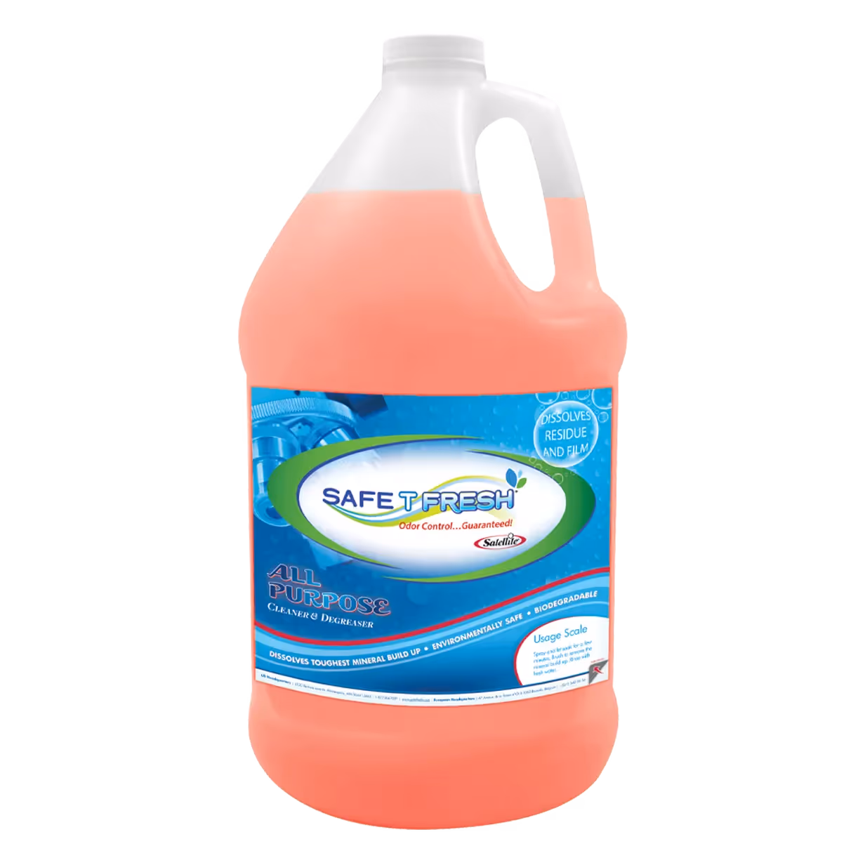 Large gallon jug of Safe T Fresh all-purpose cleaner and degreaser with pink liquid inside.