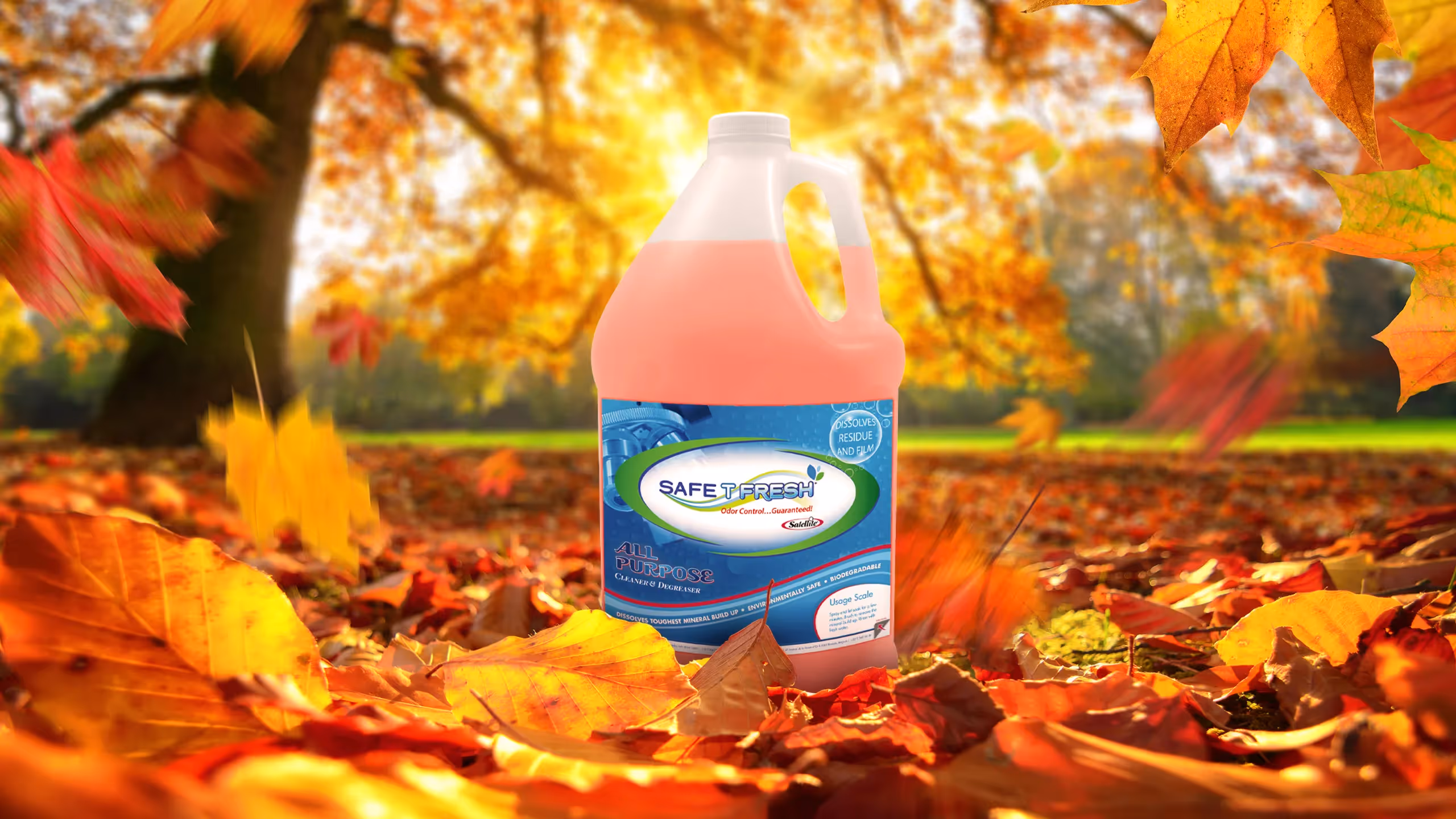 Jug of Safe T Fresh all-purpose cleaner amid fallen autumn leaves in a sunlit park.