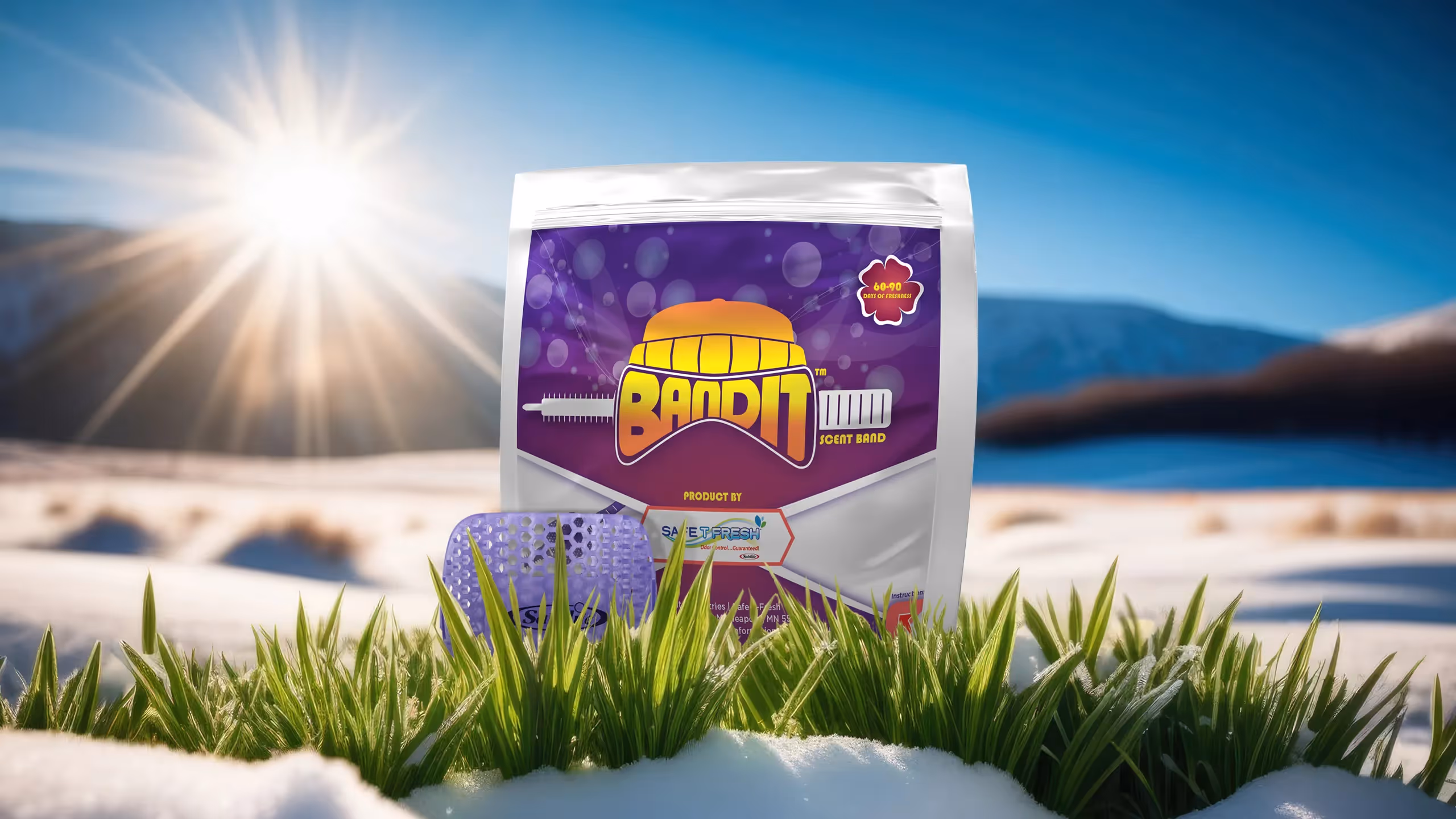 Purple packaging of Bandit product on grass in a snowy landscape with a bright sun.