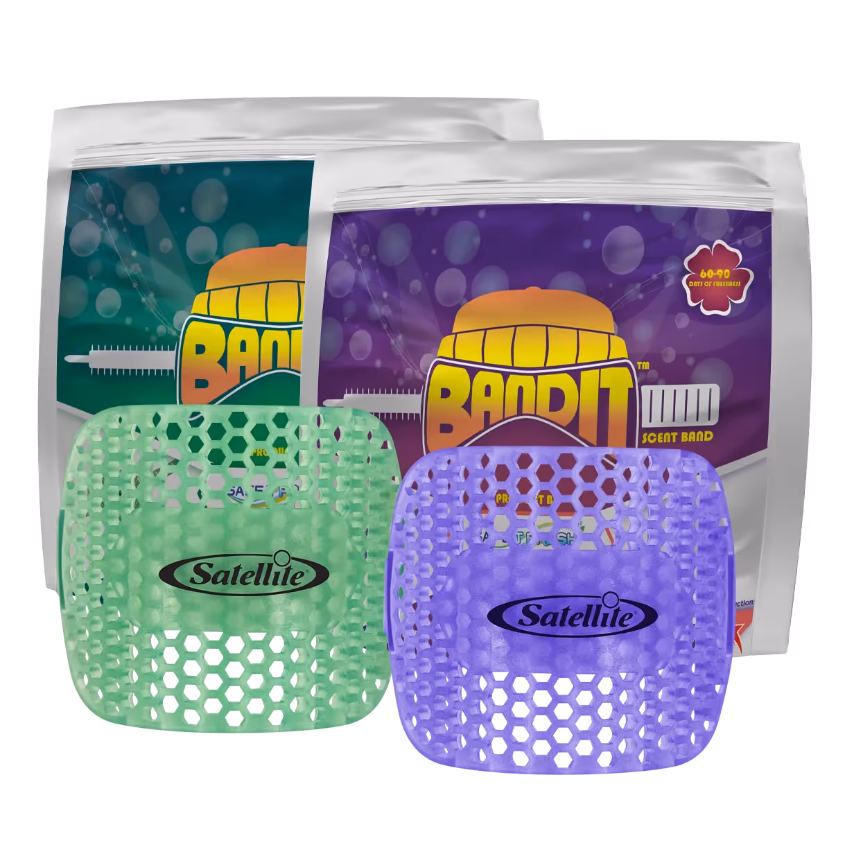 Two packets of Bandit joint bands in green and purple, labeled "Satellite," with patterns and logos.