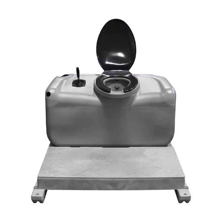 Industrial portable flushing toilet with black seat and lid mounted on a metal platform.