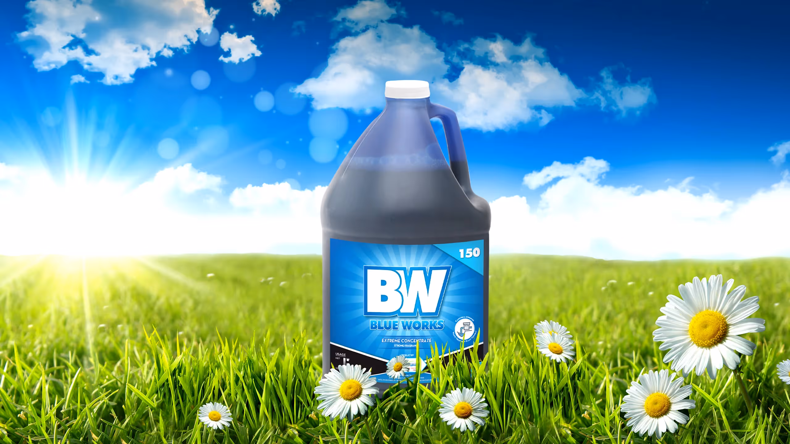 Blue Works laundry detergent container in grass with daisies under bright blue sky and sun.