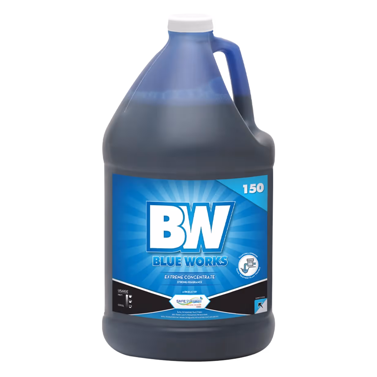 One-gallon container of Blue Works 150 extreme concentrate cleaning solution with blue label.