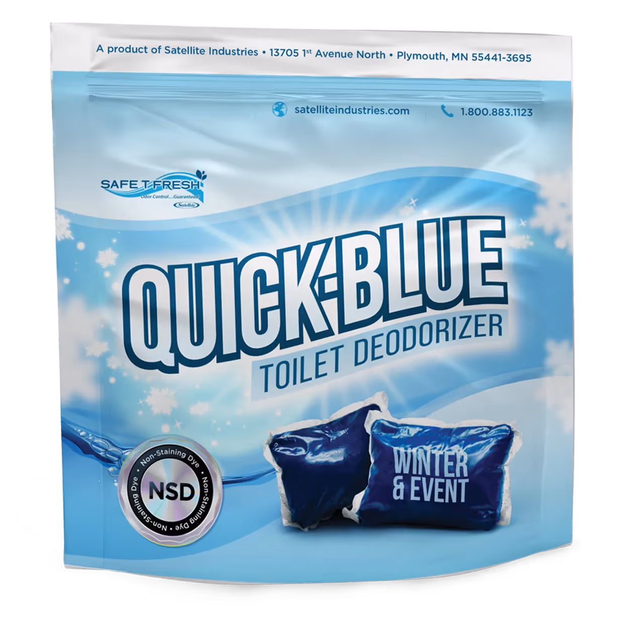 Quick Blue Toilet Deodorizer winter & event scent packets in blue packaging with snowflakes.
