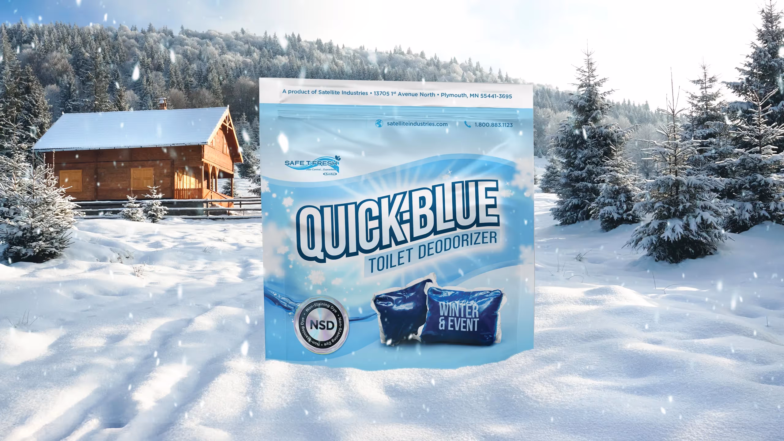 Quick-Blue toilet deodorizer packaging in a snowy winter forest backdrop with a wooden cabin.