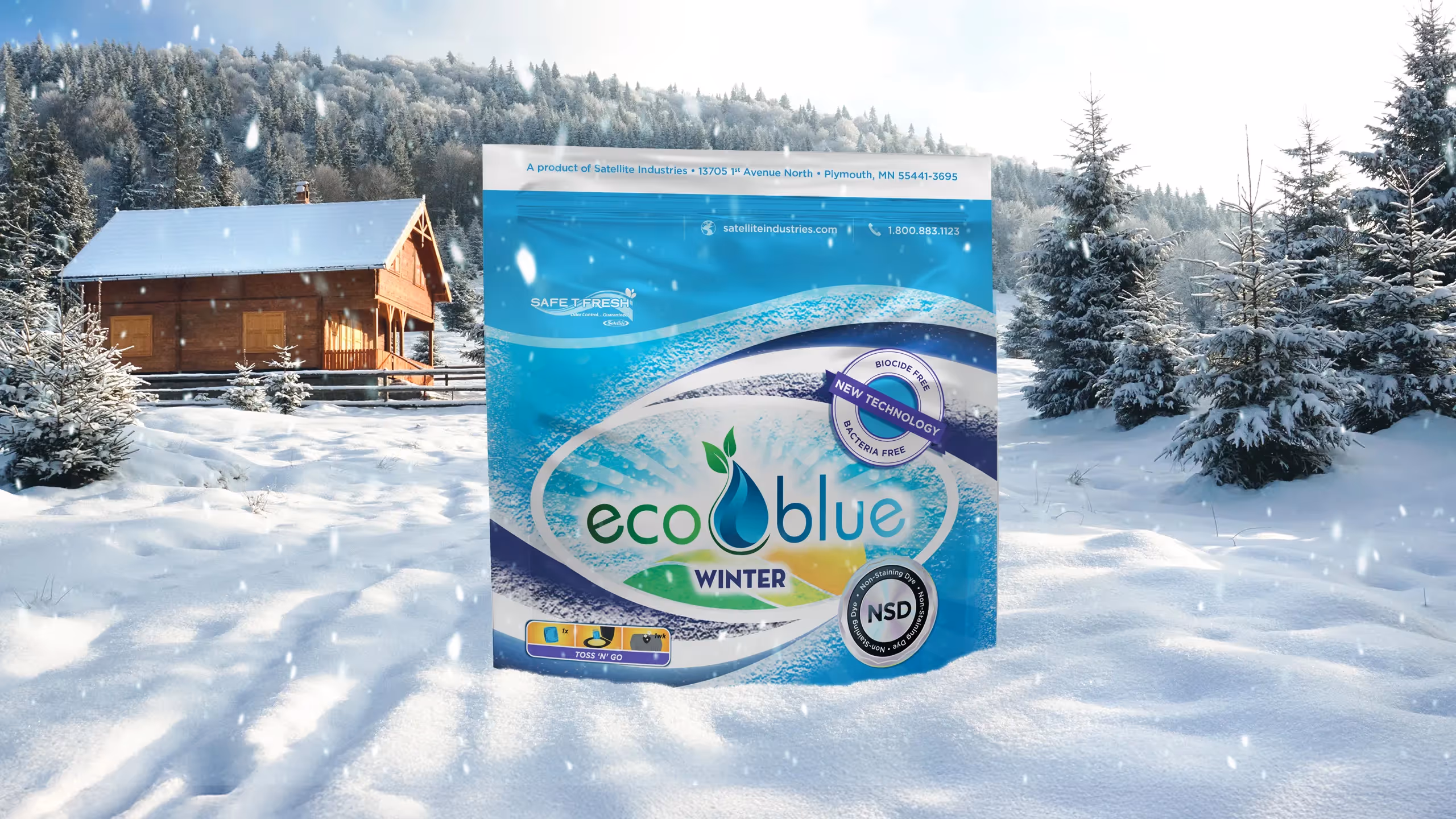 Eco Blue Winter deodorizer package against a snowy winter landscape with pine trees and a cabin.