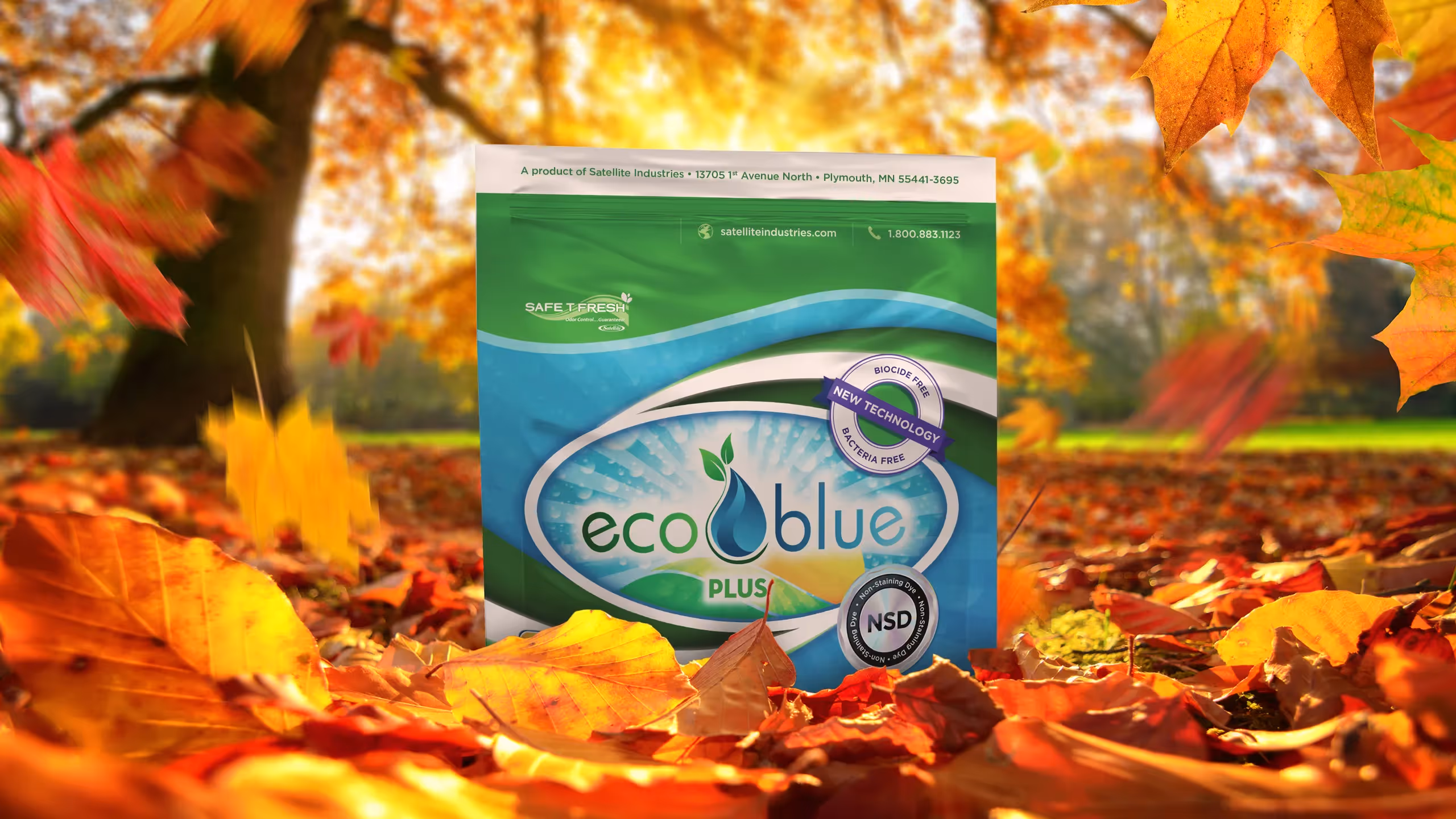 Eco Blue Plus product package amid colorful autumn leaves on a sunny fall day.
