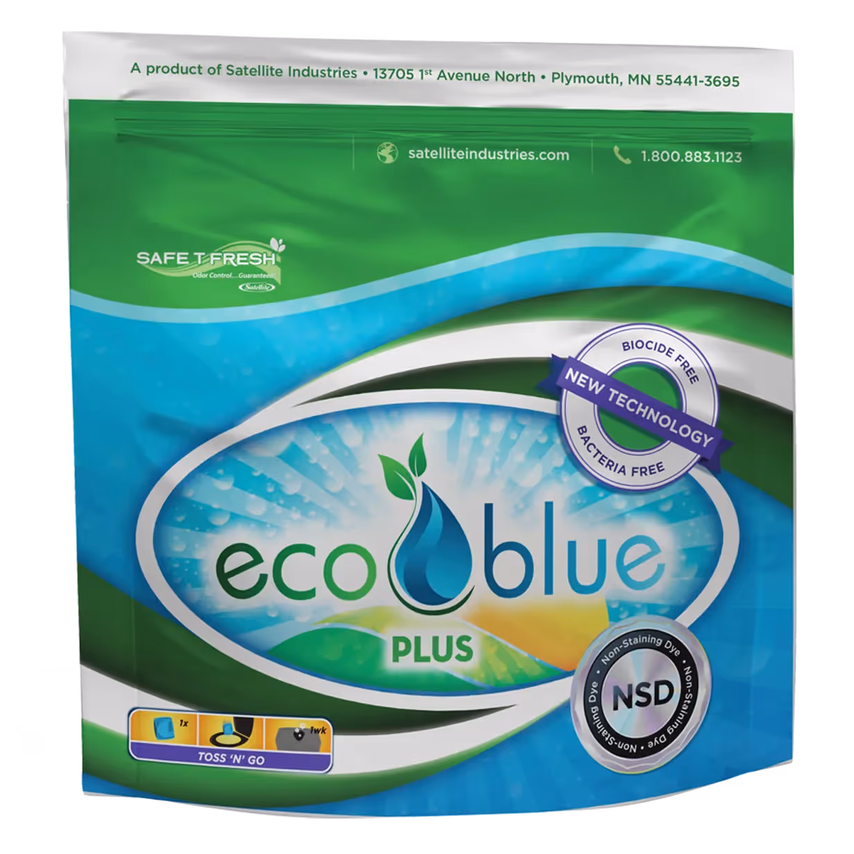 Eco Blue Plus odor control product package with new biocide and bacteria-free technology.