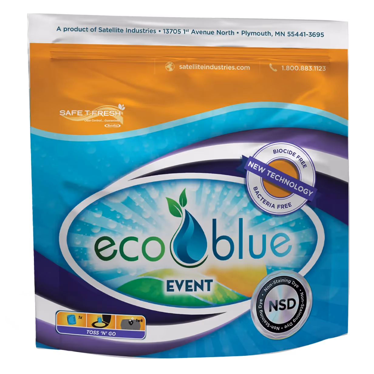 Eco Blue Event product pouch with new biocide-free, bacteria-free technology and non-staining dye.