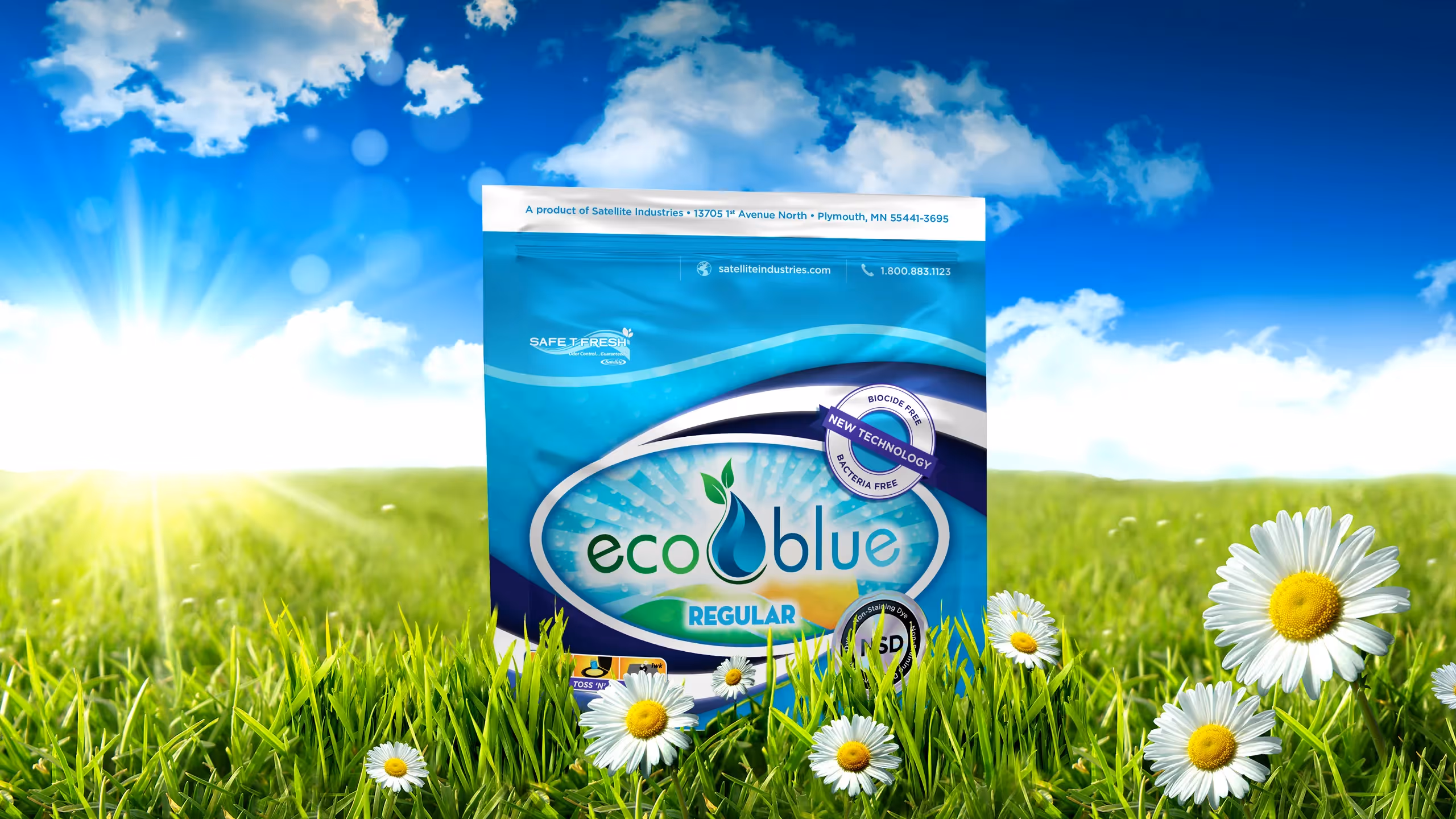 Eco Blue Regular deodorizer packaging on grass with daisies under a sunny blue sky.
