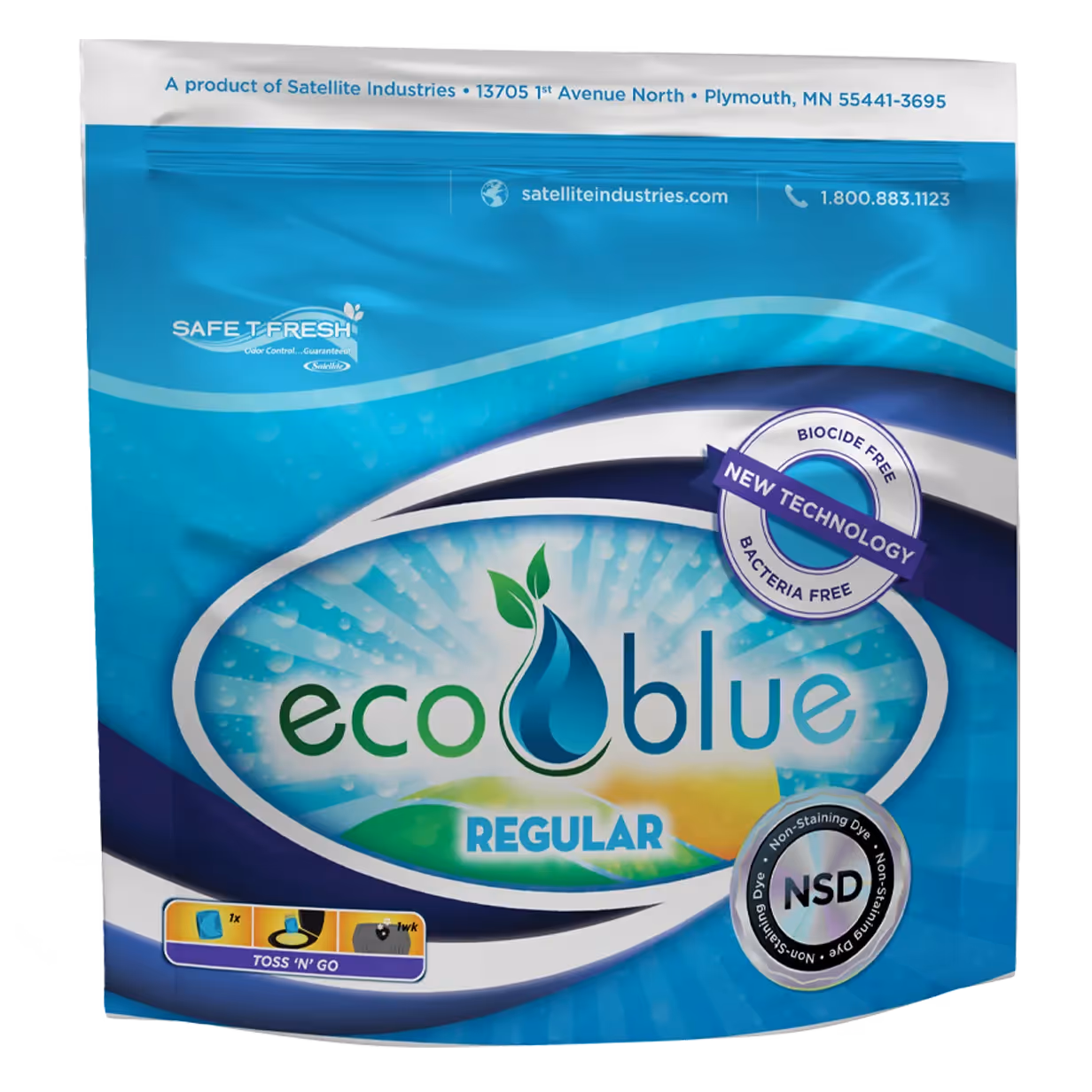 Eco Blue Regular product packaging highlighting biocide and bacteria free new technology.