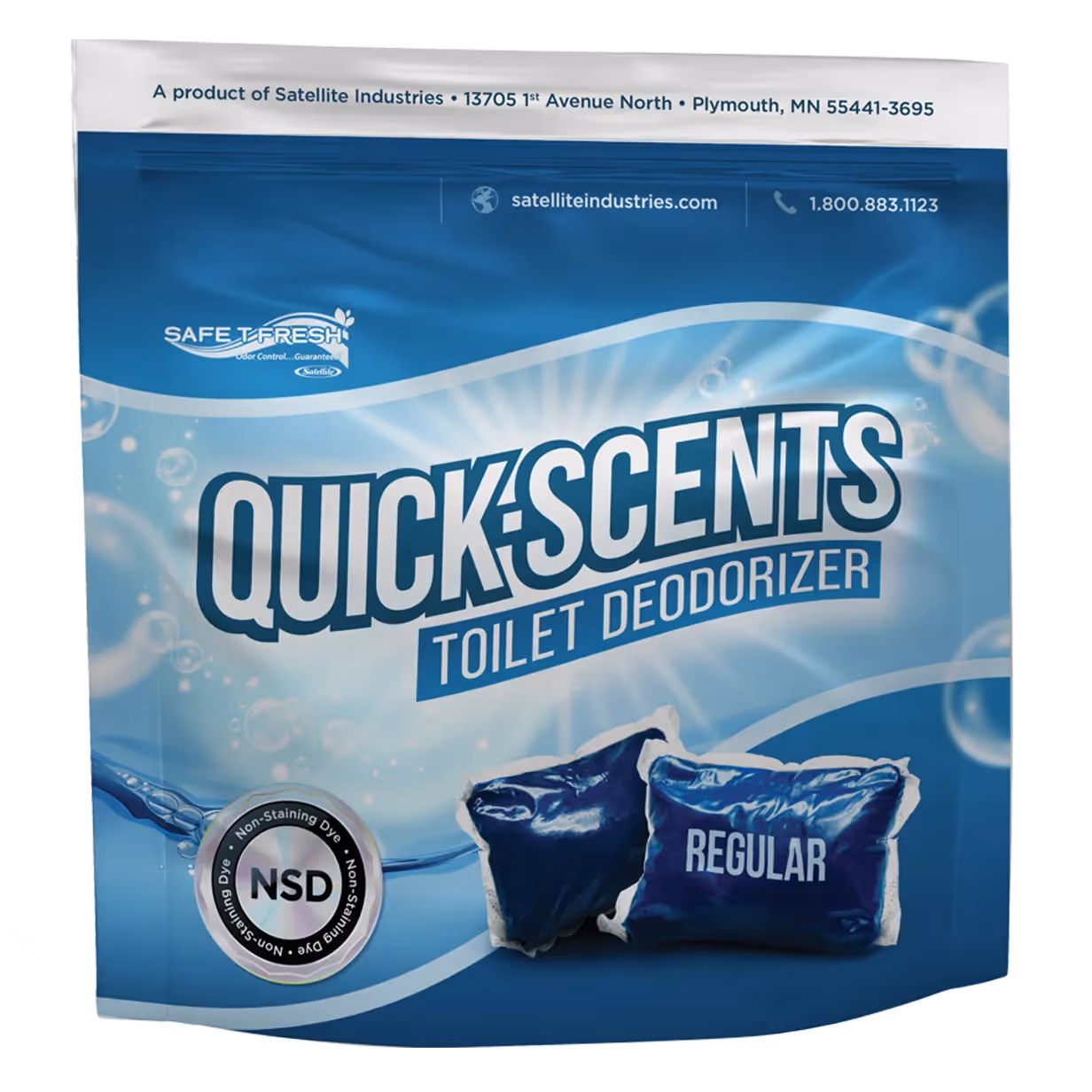 Blue packaging for Quick-Scents Toilet Deodorizer, featuring "Regular" label and product details.
