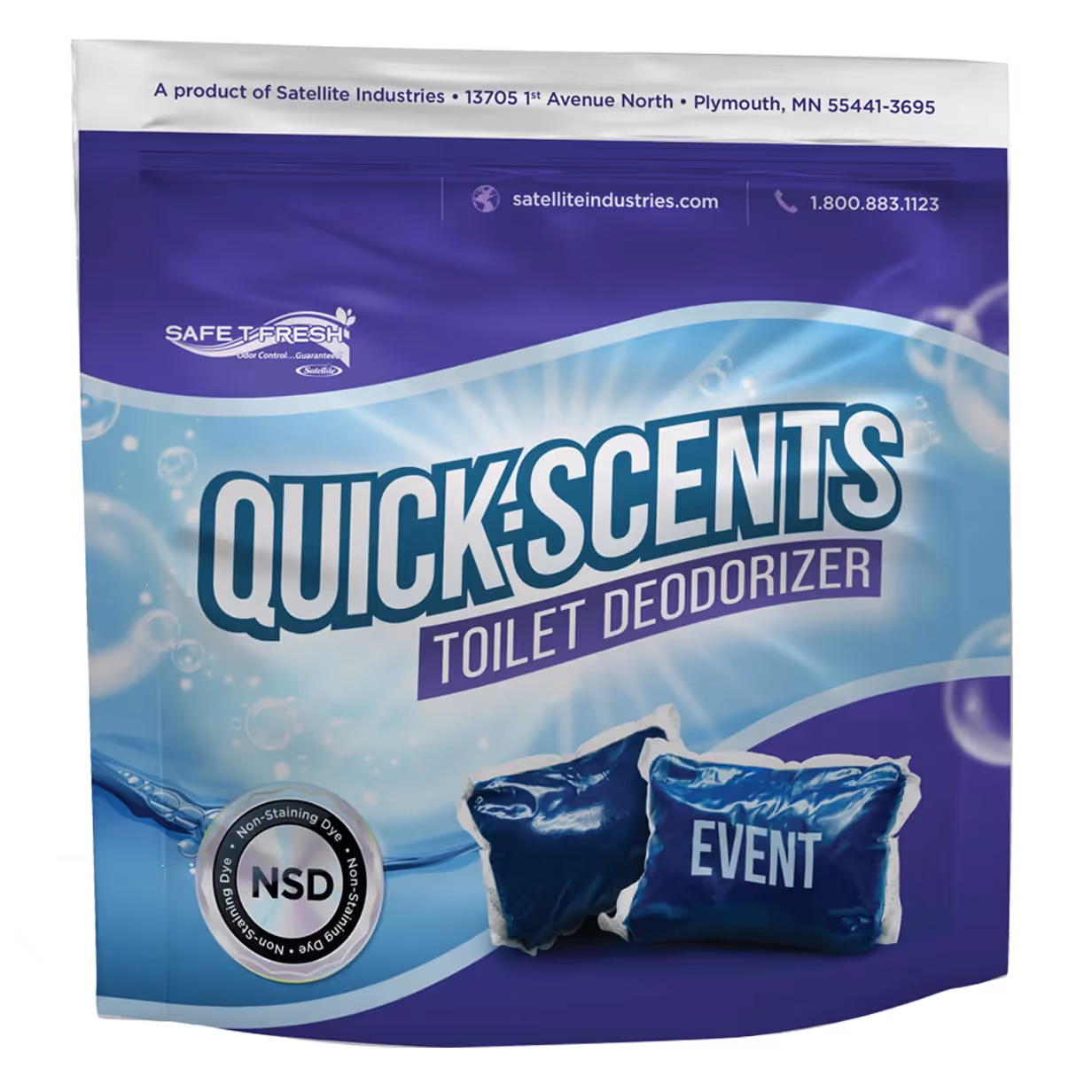 Quick Scents toilet deodorizer product package with two blue deodorizer pouches and NSD non-staining dye seal.