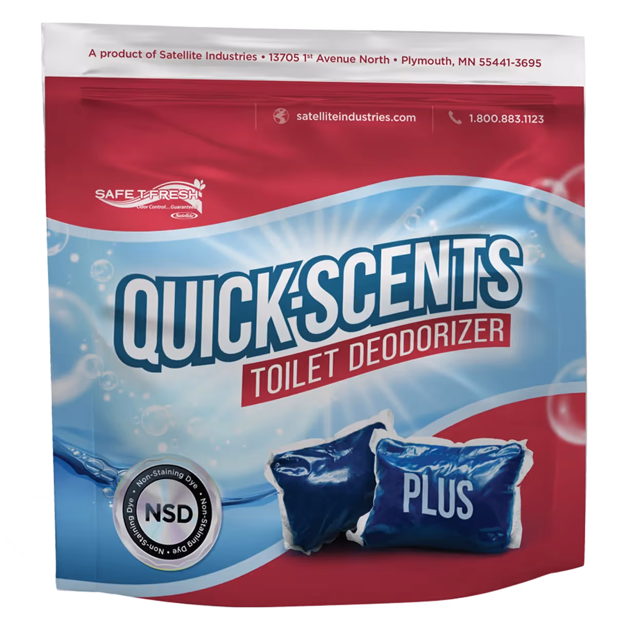 Quick-Scent Plus toilet deodorizer package in a pink bag with blue accents and product details.