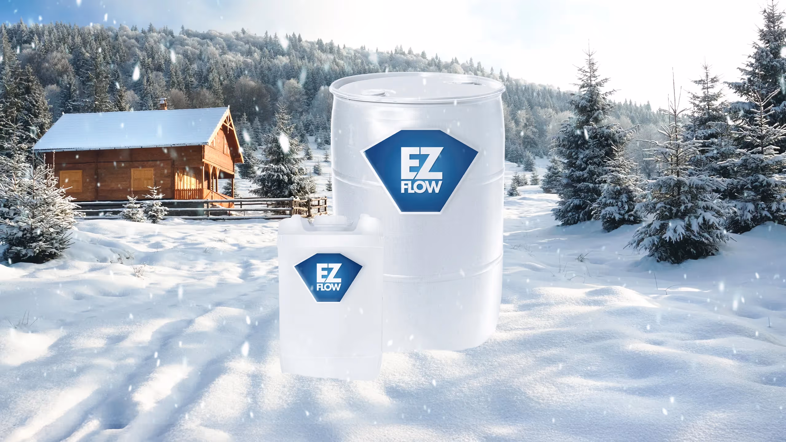 Two EZ Flow containers in a snowy landscape with a cabin and pine trees in the background.