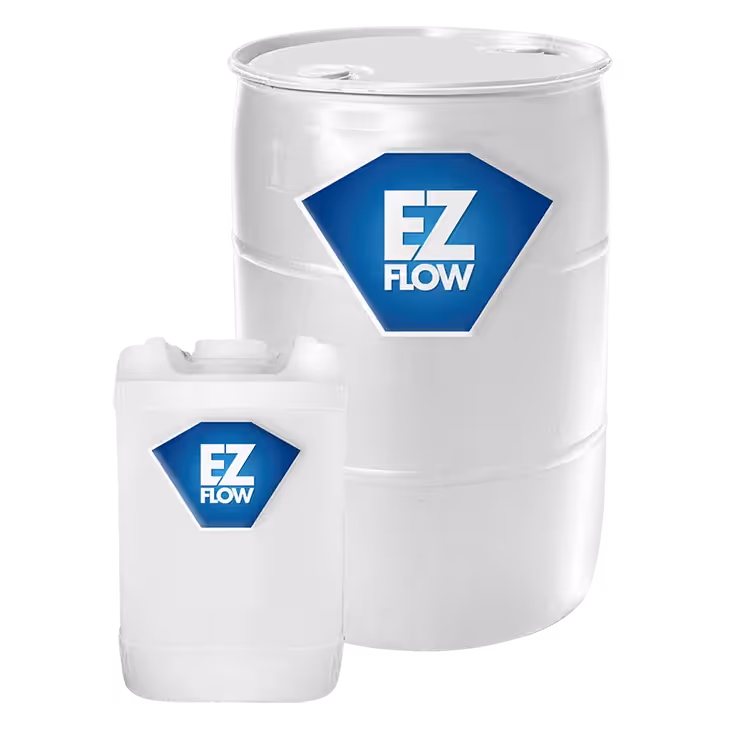 Two white containers labeled "EZ FLOW": a large drum and a smaller rectangular canister.