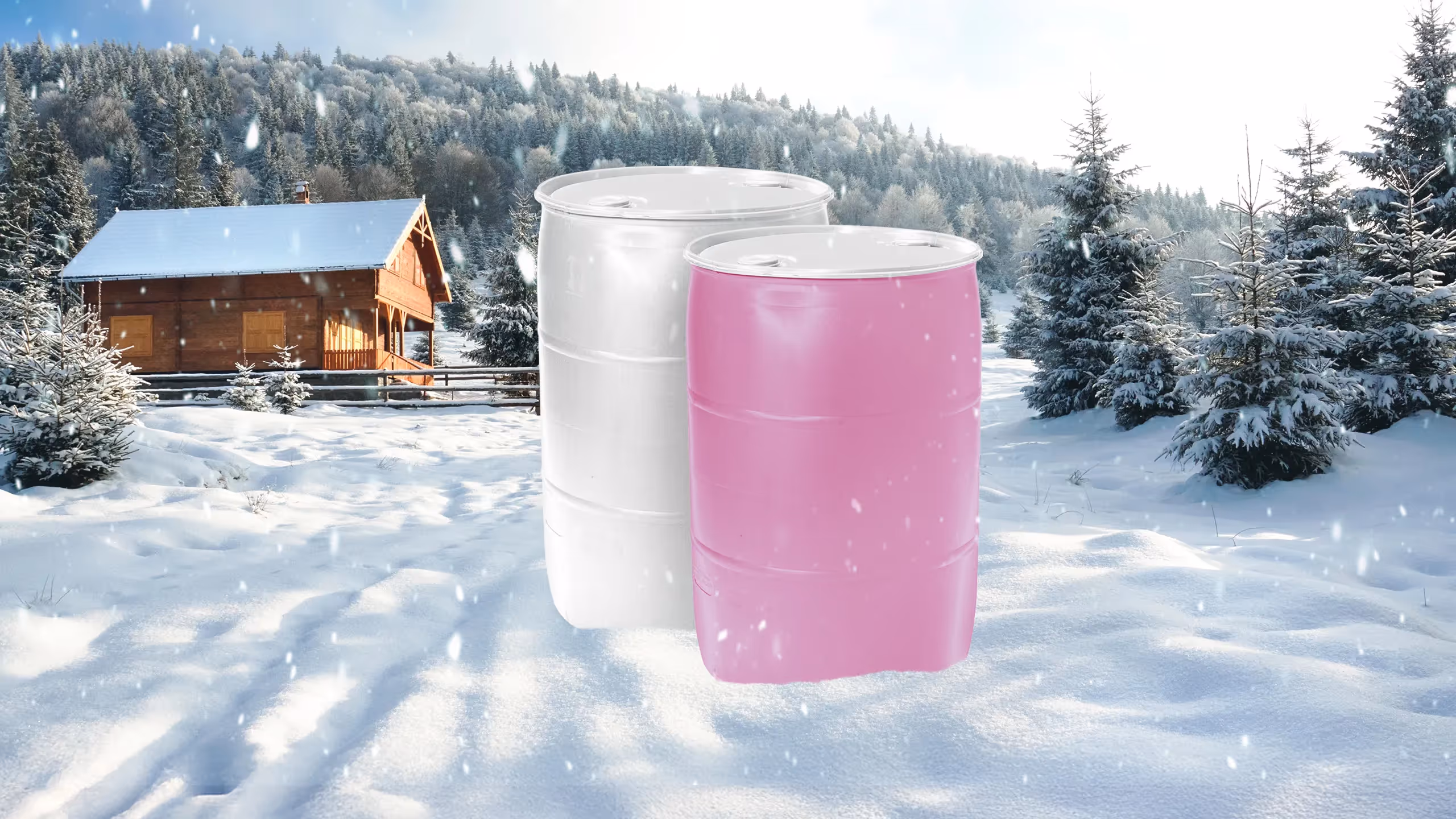 Two barrels, one white and one pink, set against a snowy landscape with evergreen trees.
