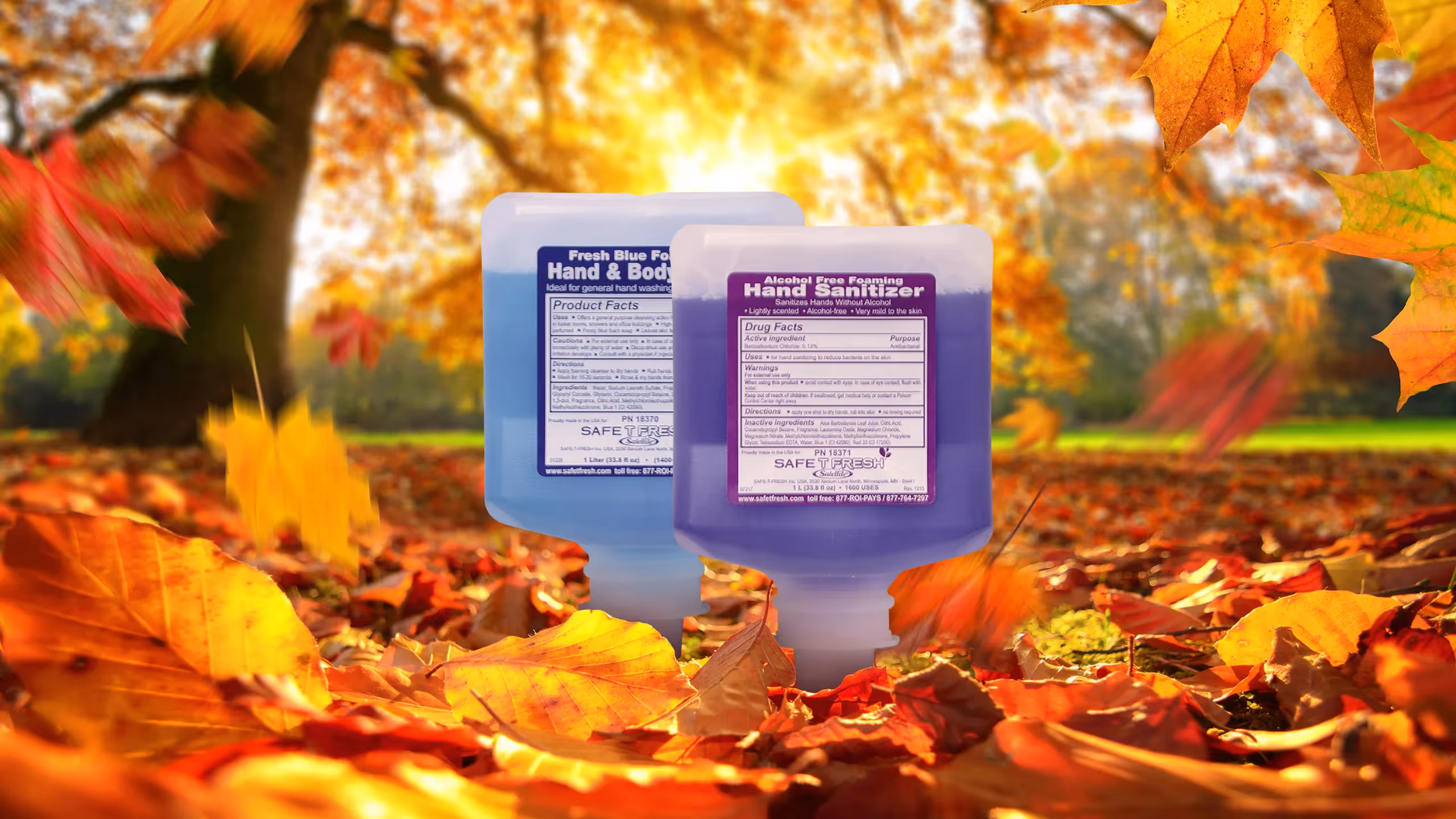 Two bottles of hand sanitizer are surrounded by autumn leaves. A bright sun glows in the background.