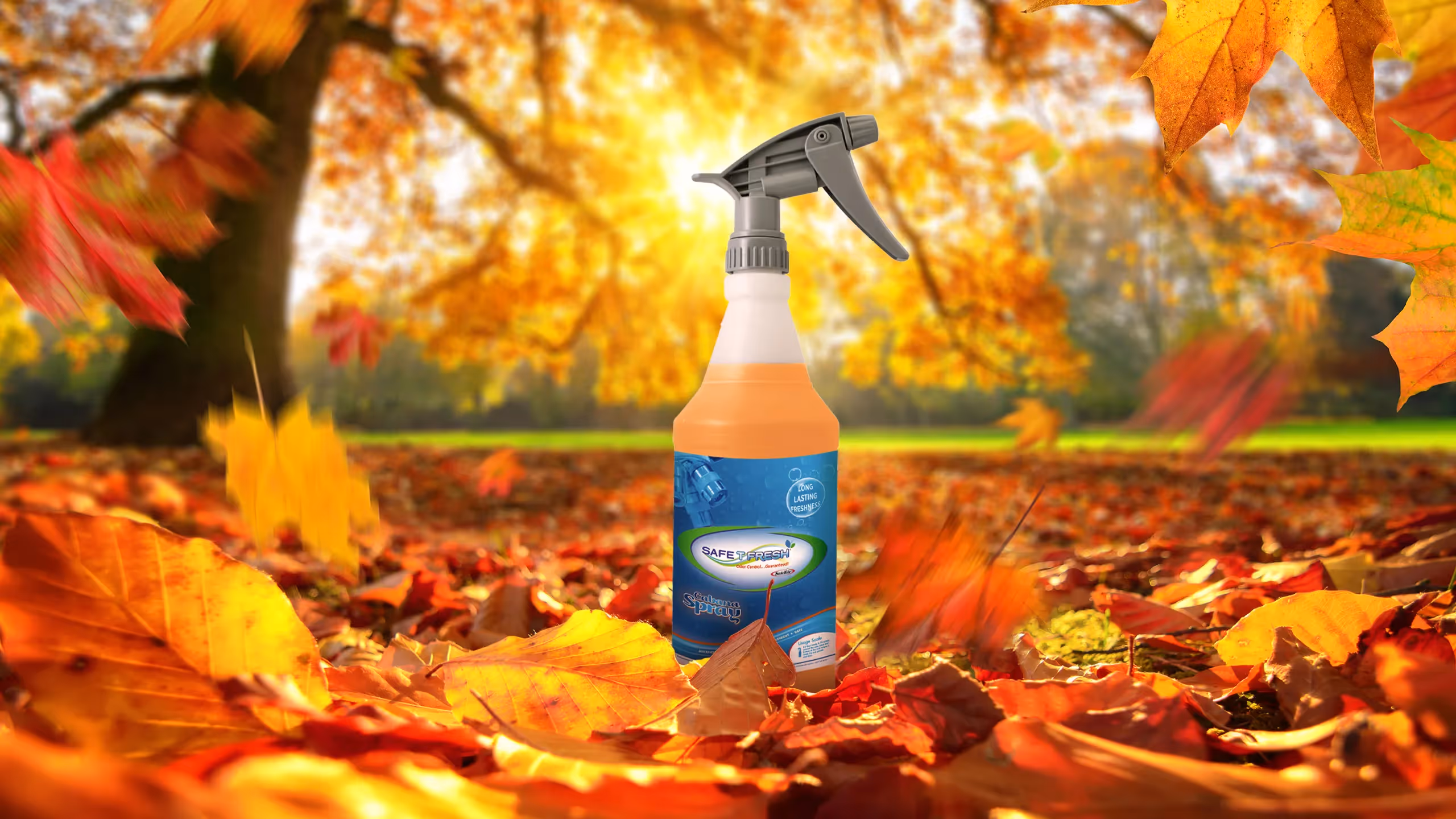 Cabana Spray bottle in a colorful autumn leaf setting with a vibrant tree in the background.