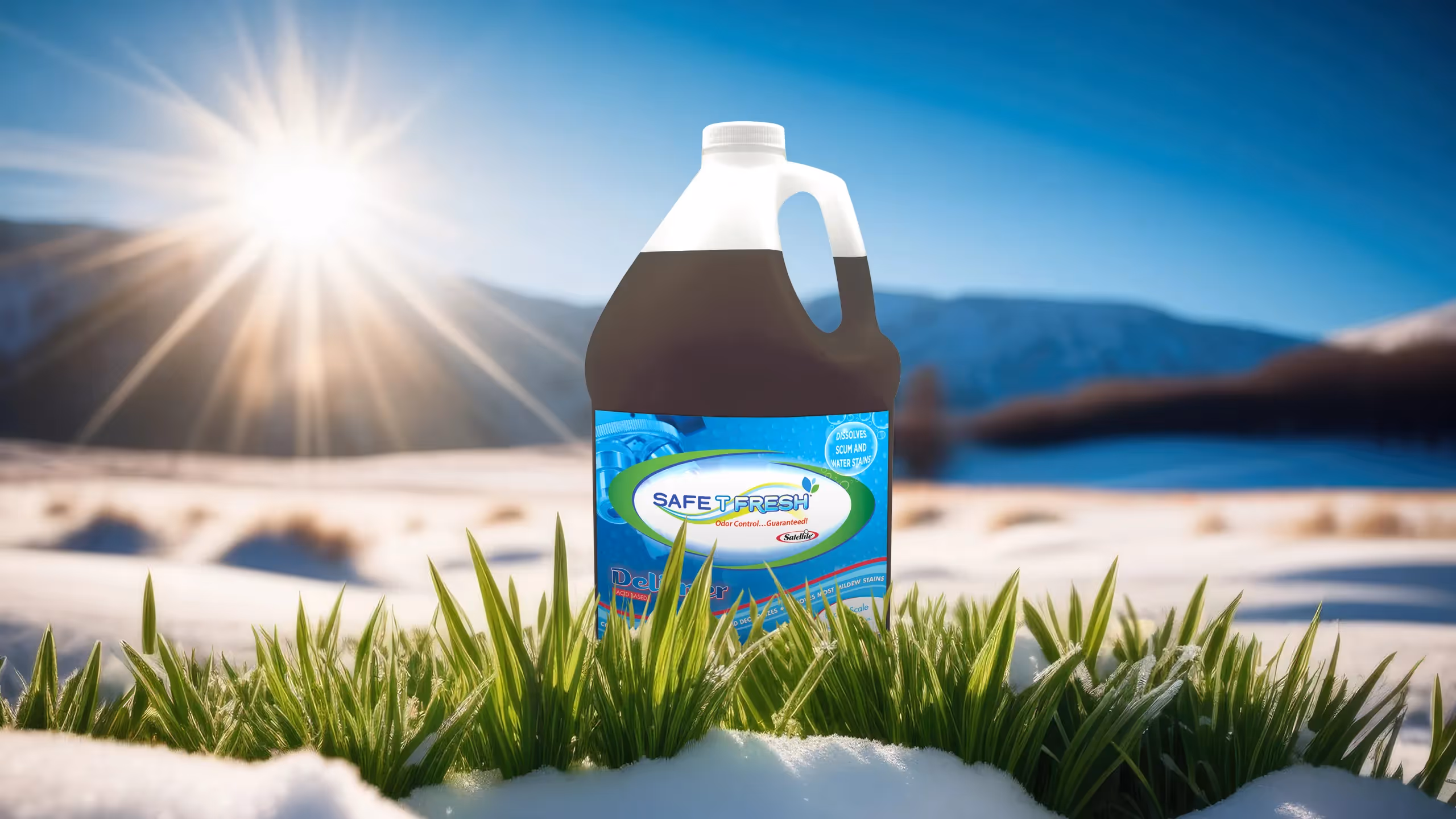 A large bottle of Delimer on grass with mountains and sunlight in the background.