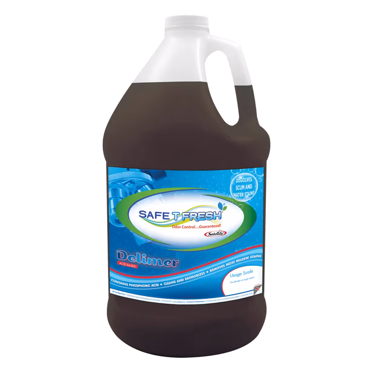 A gallon jug of SAFE-T-FRESH Delimer with a blue label and dark liquid inside.
