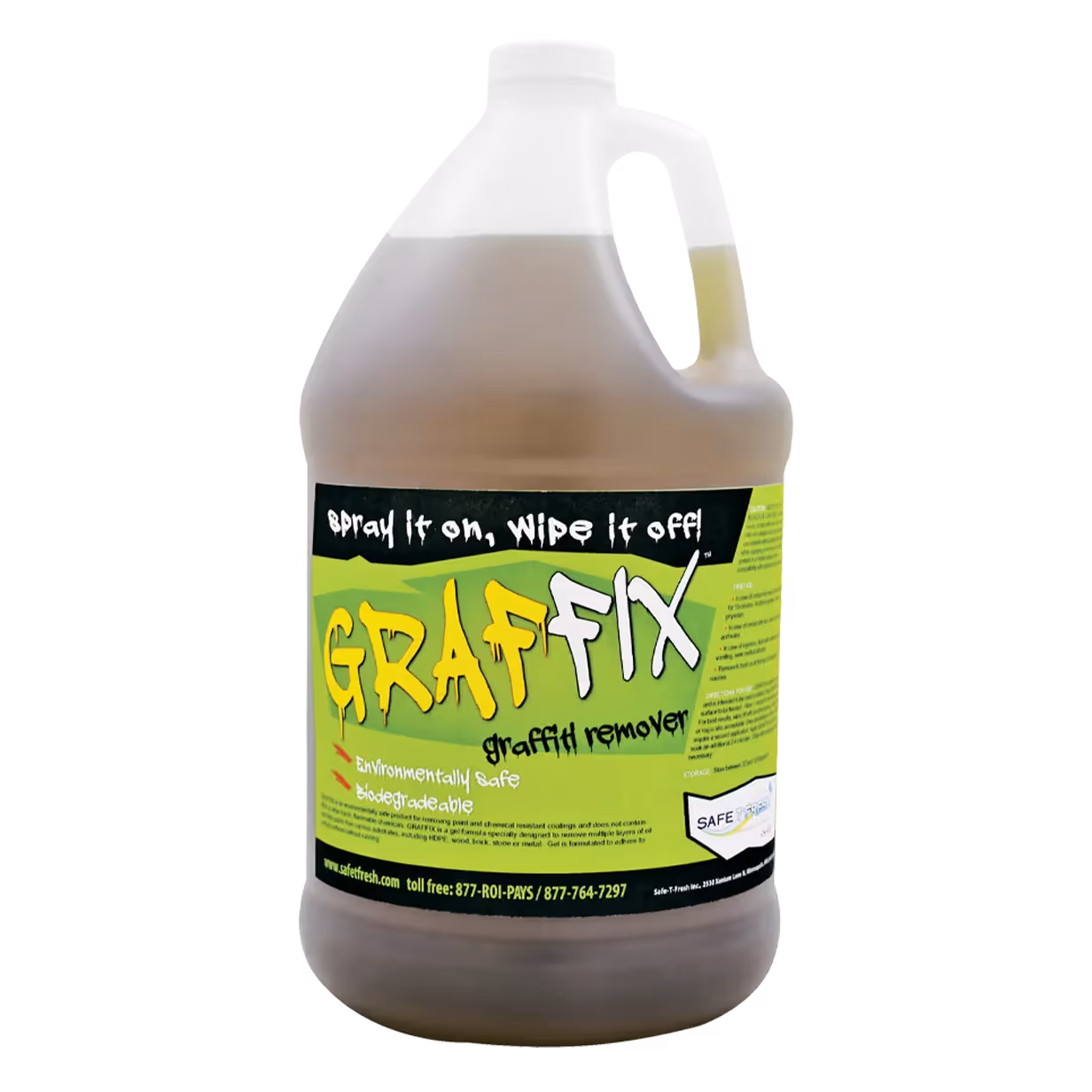 Bottle of Graffix graffiti remover in a translucent jug, labeled with bright green and black text.
