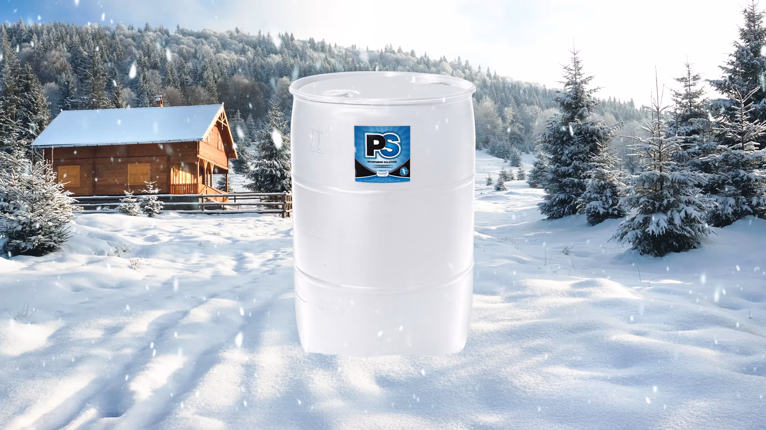 Pathfinder Solution barrel in a snowy landscape with a wooden cabin and pine trees.