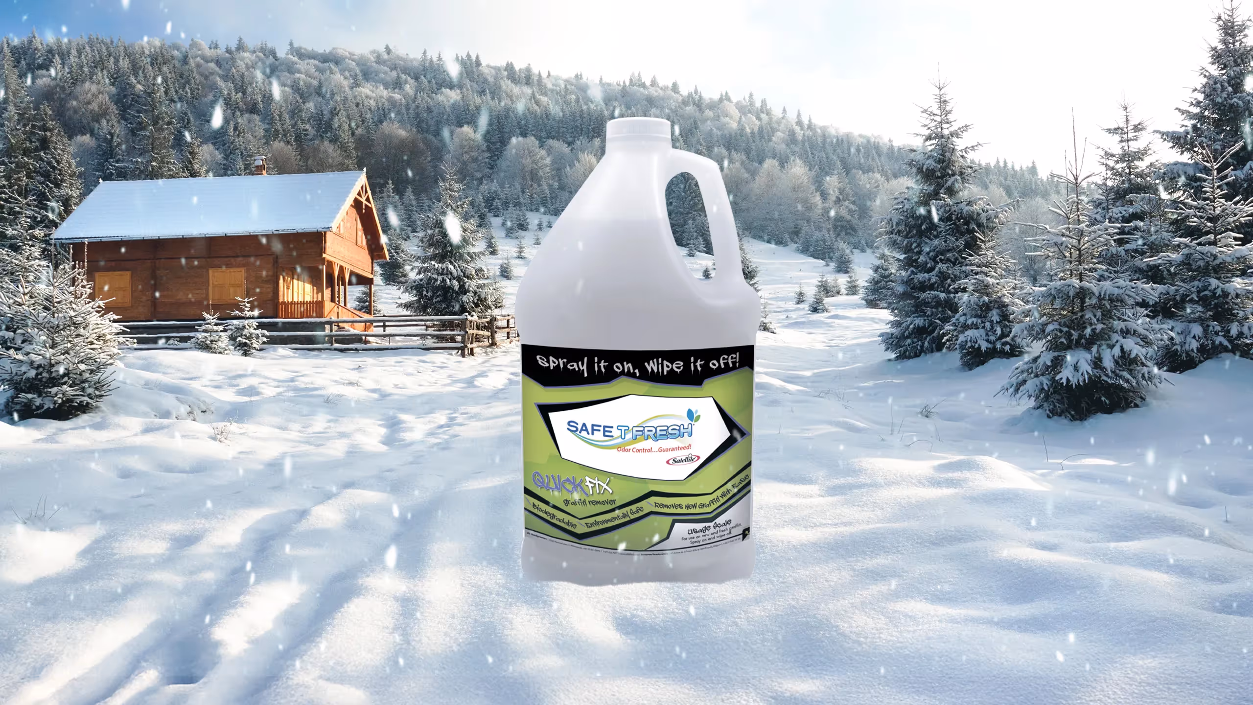 A gallon jug of Quickfix is displayed in a snowy landscape with a cabin and pine trees.