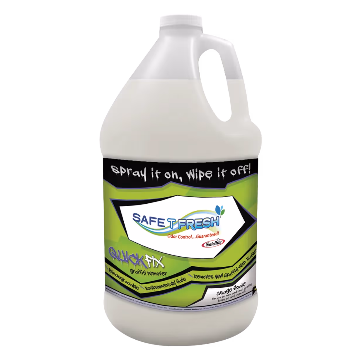 A one-gallon jug of Safe-T-Fresh Quick Fix odor remover with a green and black label.