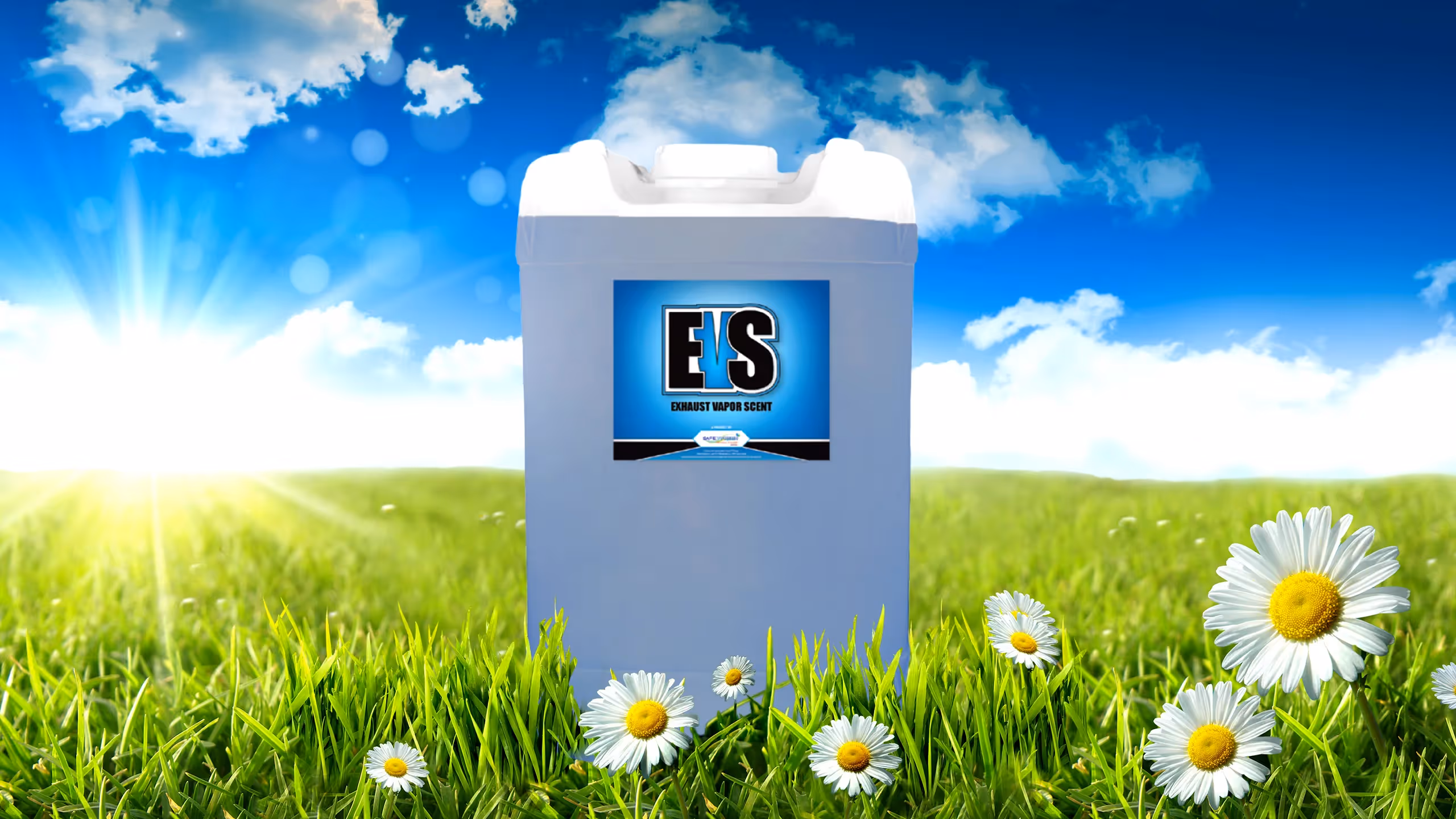 A white container labeled "EVS" on a sunny blue sky background with flowers in green grass.