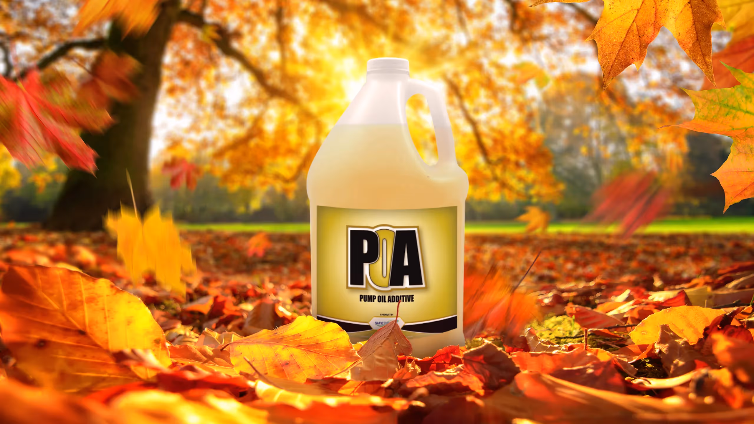 A gallon jug of Pump Oil Additive surrounded by colorful autumn leaves in a park setting.