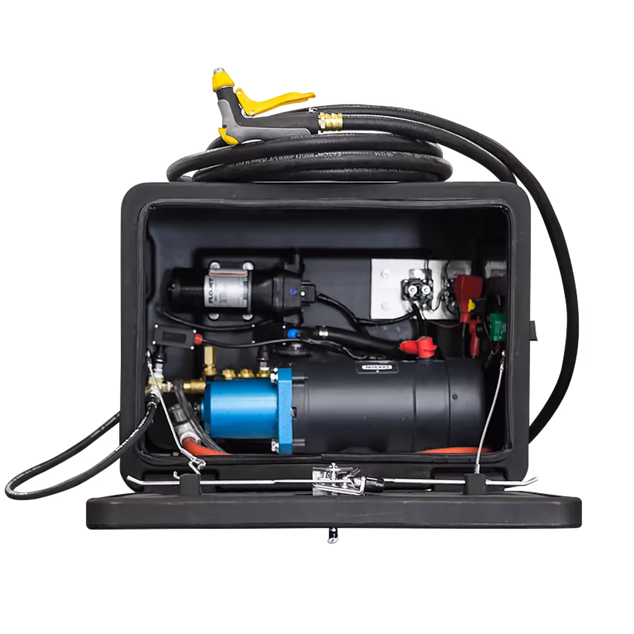 Compact water pump system with hoses and electrical components in a sturdy black casing.