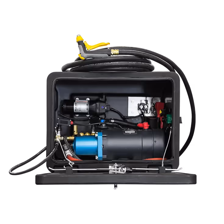 Portable power unit with hoses and pump components, housed in a durable black container.