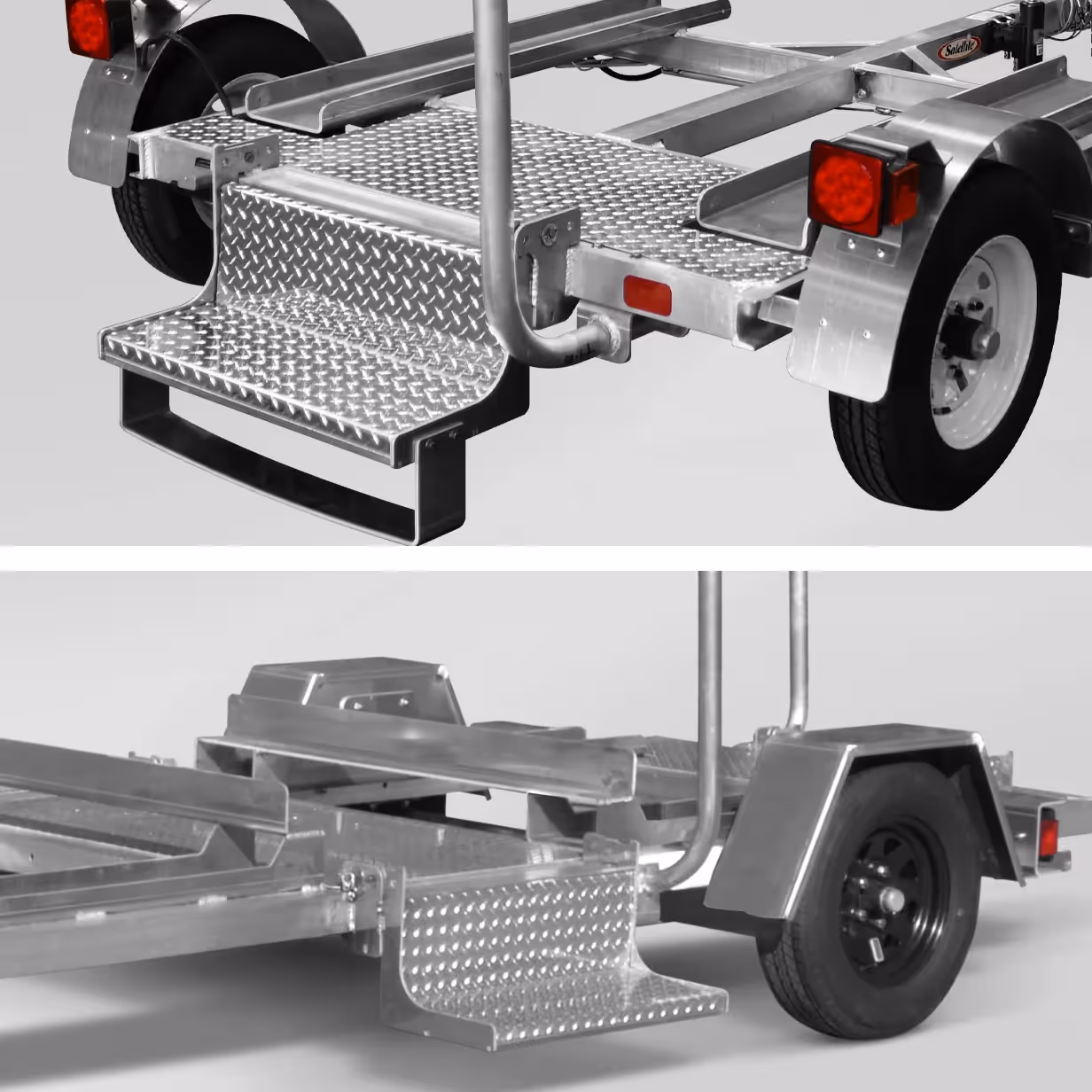 Metal boat trailer rear side steps with diamond plate texture shown from two angles.