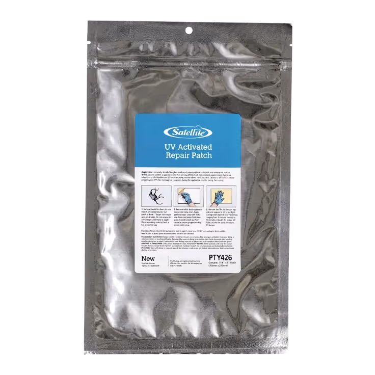 UV Activated Repair Patch in a silver foil package with instructions on the back.